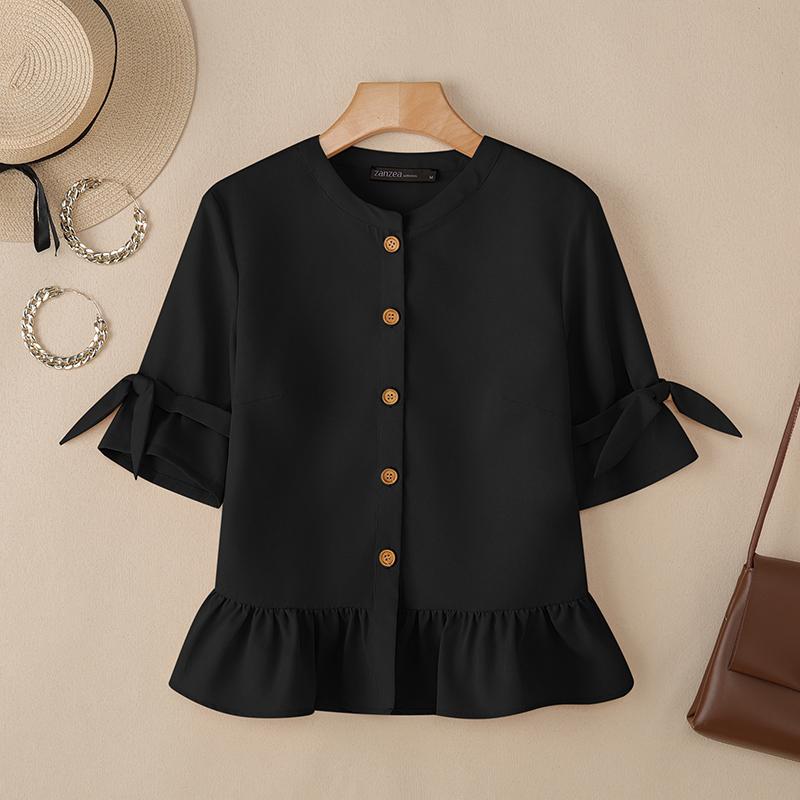 ZANZEA Moteriška kasdieninė palaidinė apvaliu kaklu, vienspalvė, 3/4 rankovėmis, laisva