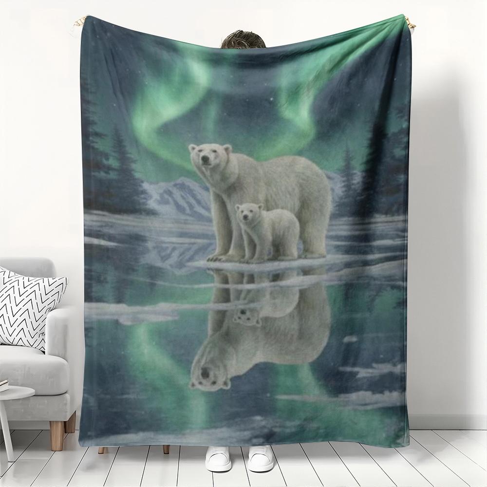 

Northern Lights Polar Bear Flannel Blanket, Arctic Wildlife Family Pattern Throw, Soft Cozy for Nature Lover Home Decor 75x90cm
