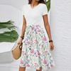 Women's Casual Fashion Belted Floral Print Short Sleeve Round Neck Elegant Dress