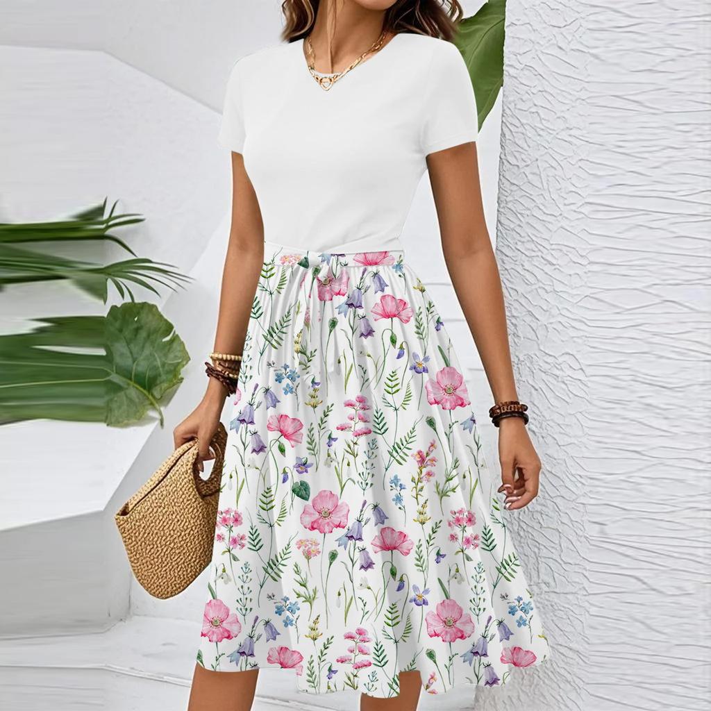 Women's Casual Fashion Belted Floral Print Short Sleeve Round Neck Elegant Dress