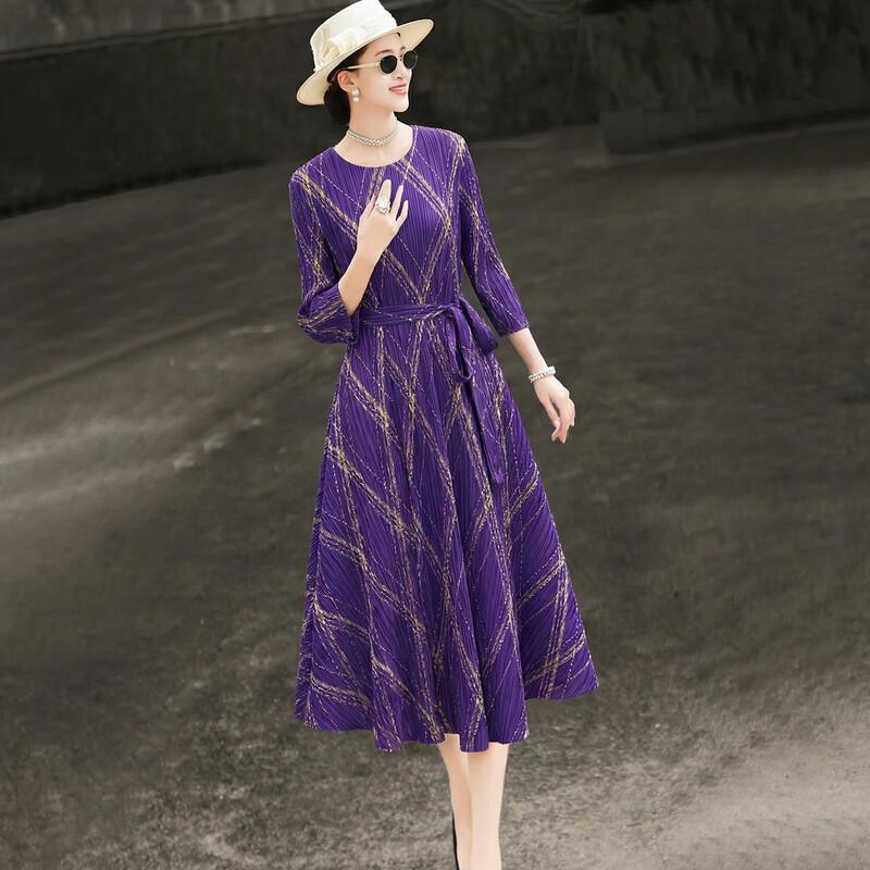 Lanseer 2026 Summer French Elegant Belted Pleated Print A-line Dress