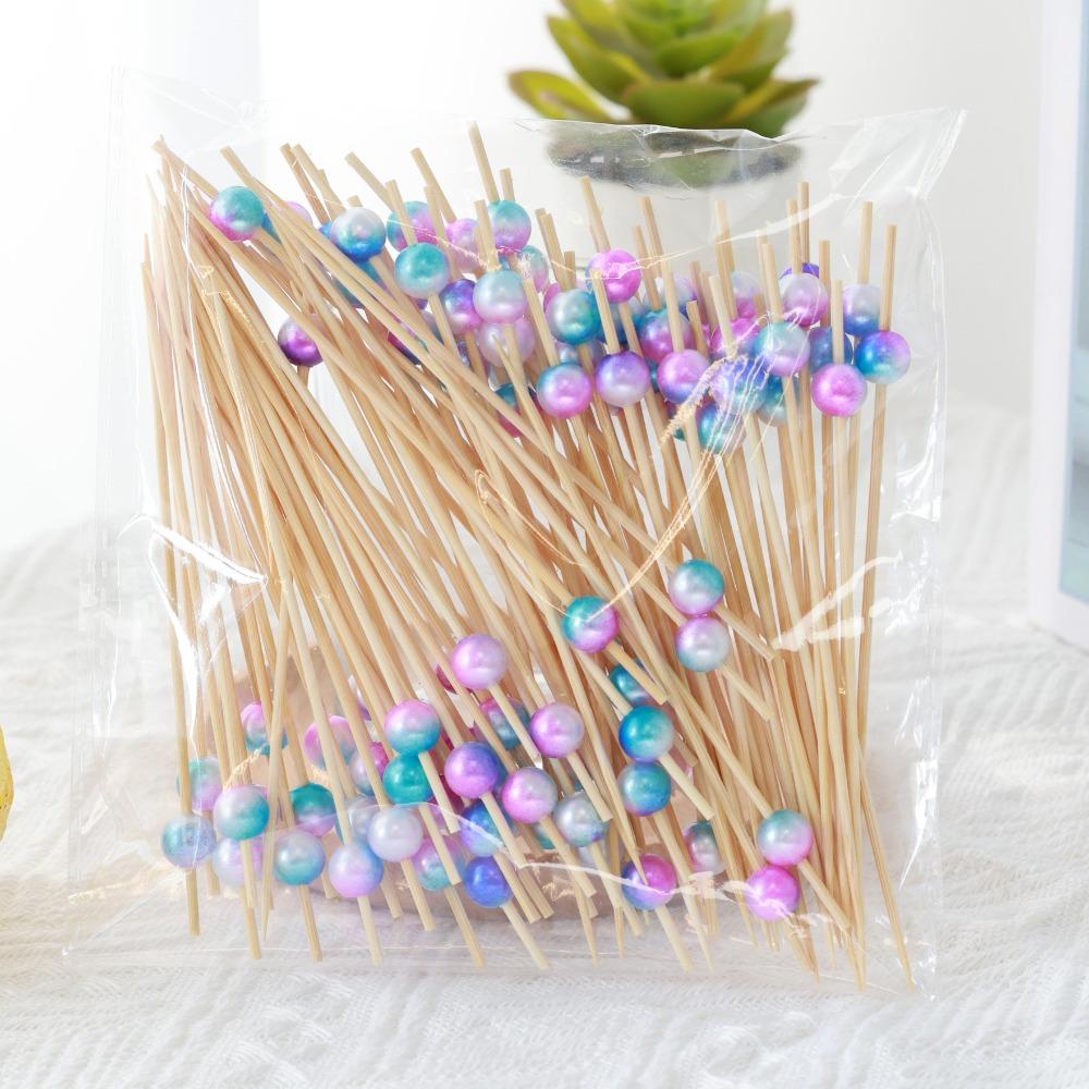 

100pcs 12cm Length Bamboo Food Picks Versatile Disposable Pearl Fruit Picks Snack Fork Skewer Toothpick Skewer Cake Dessert