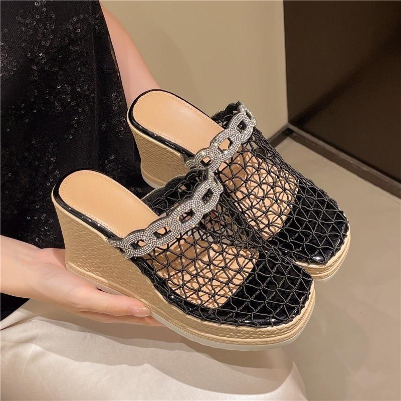 New Hollow-out Breathable Rhinestone Mesh Yarn Baotou Half Slippers Women's Summer Wear Platform Platform Fishing Net Shoes