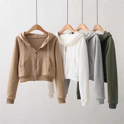 Women's Sweatshirt Fashion Solid Color Hooded Zipper Top Short High Waist Cropped Jacket