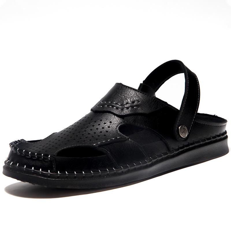 

Летние сандалии, мужские кожаные сандалии с прошитой вручную подошвой, легкие двусторонние сандалии, уличная пляжная обувь без шнуровки, большой размер, мужская пляжная обувь 45 чёрный