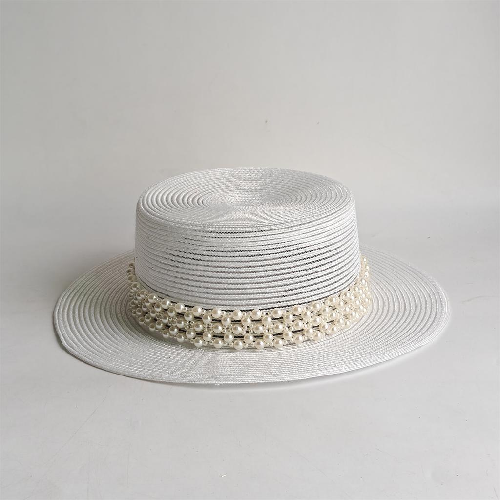 Pearl accessories bright silk flat top straw hat women's summer breathable sun hat photo props travel versatile top hat