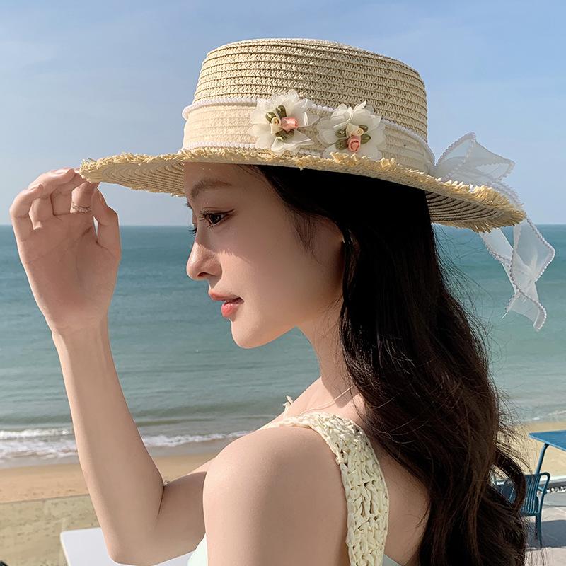 Women Summer Straw Hat Bowknot Ribbon Beach Sun Hat for Vacation Travel Seaside Photo Taking Sunscreen Visor Bucket Hat