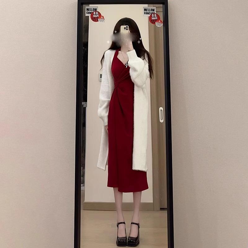 Christmas robe red thin neck tube top dress hip wrap winter women's clothes royal sister atmosphere