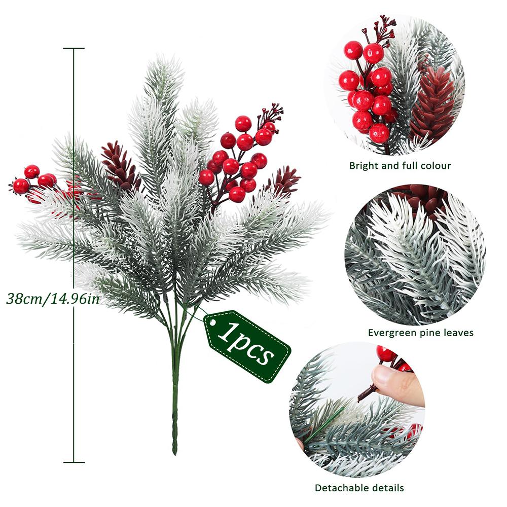 2PCS Plastic Holly Berry Pine Needles Branches with Pine Cones Artificial Flowers for Christmas Holiday Winter Table Decorations