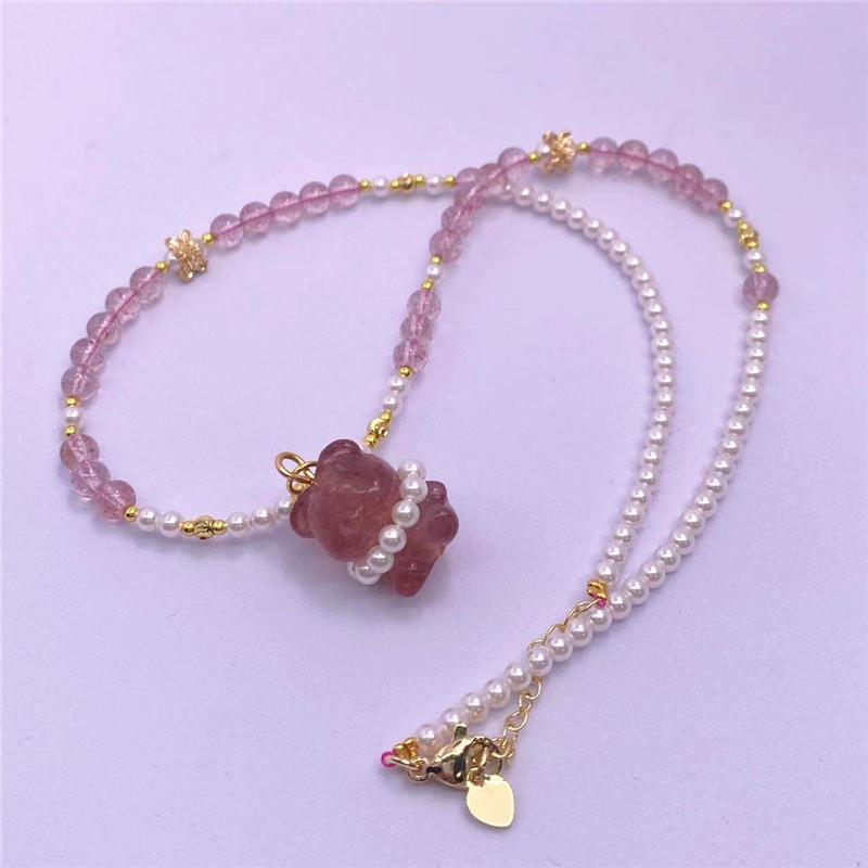 Natural strawberry crystal rose necklace fashionable bear women's delicate Hanfu accessories must-have