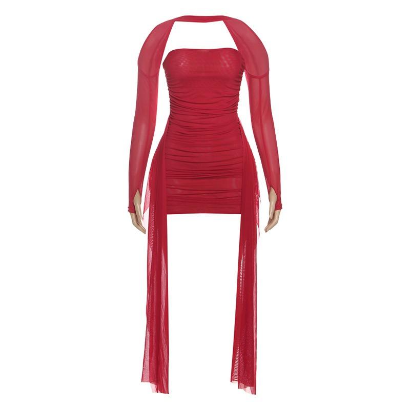 Summer Long Sleeve Bodycon Mini Short Dress Ribbon Pleated Tube Top Fashion New Sexy Party Dresses Hip Skirt Set Slim Fit Women's Clothing