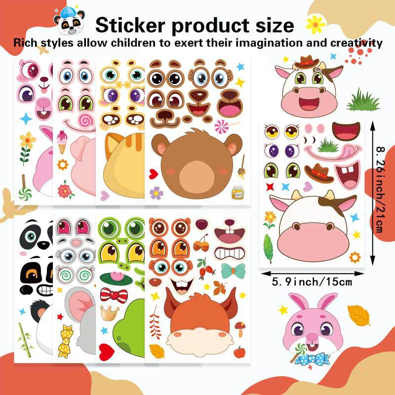 9Sheets Make Your Own Animals Stickers Children DIY Puzzle Sticker Games Make A Face Cute Panda Assemble Jigsaw Stickers Kids