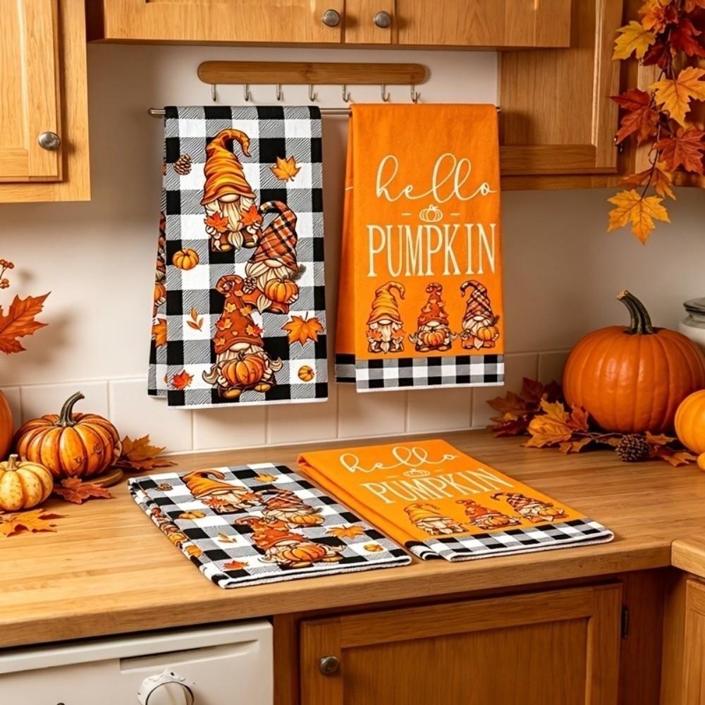 2Pcs Maple Leaf Fall Gnome Dish Towels Microfiber Thanksgiving Dish Cloths Kitchen