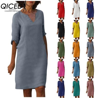 Women Summer Solid Color Cotton Linen Retro V-Neck Short Sleeve Dress Lightweight Breathable Dress