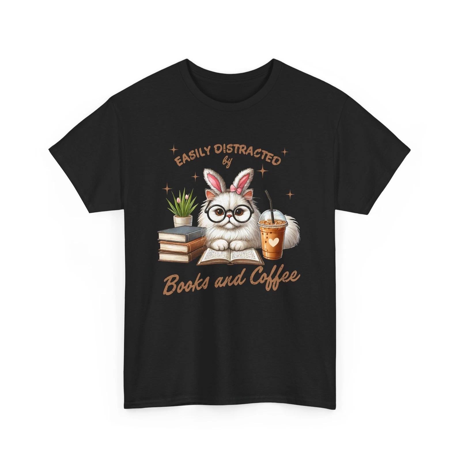 Book T-Shirt | Funny Reading Shirt | Easter Cat Read Book Coffee T-Shirt M