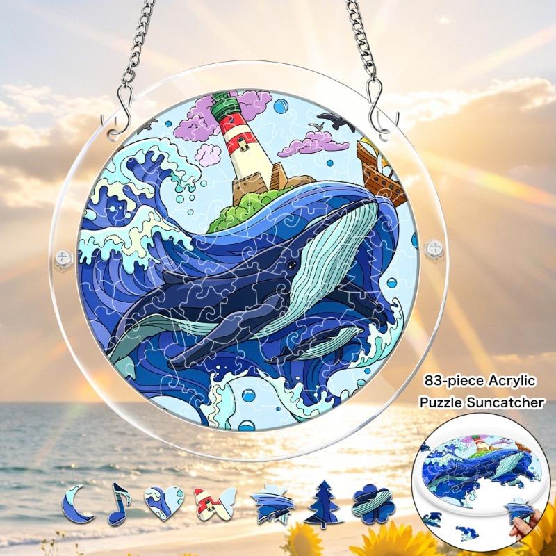 2D Flat, 1set/83pcs 18.8cm Acrylic Jigsaw Ocean Scene Whale Lighthouse Acrylic Puzzle Pendant, Bright Cartoon Wave Sailboat Design, Prism Refraction S