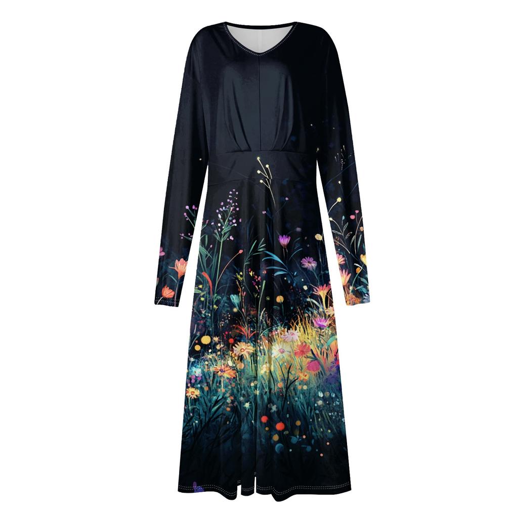 Women's  Casual Fashion V-Neck Long Sleeve Floral Print Long Dress