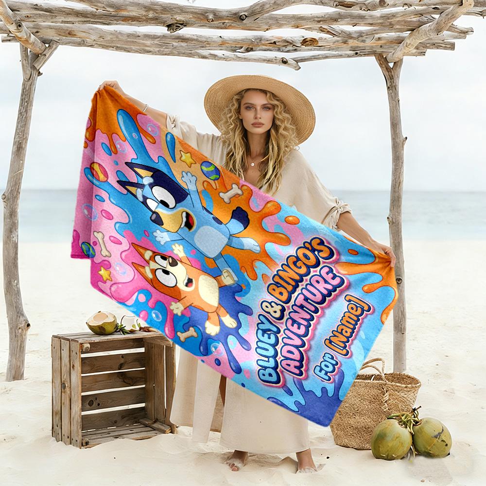 Bluey's Balloon Adventure Customizable Name Beach Towel High Absorbency & Quick-Dry Suitable for Swimming Gym Camping Yoga Vacation