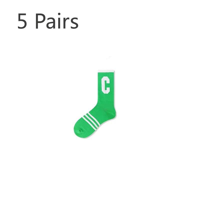 5 Pairs of Women's Spring and Autumn Tide Color Contrast Sports Casual Small Fresh Green Mid Tube Socks