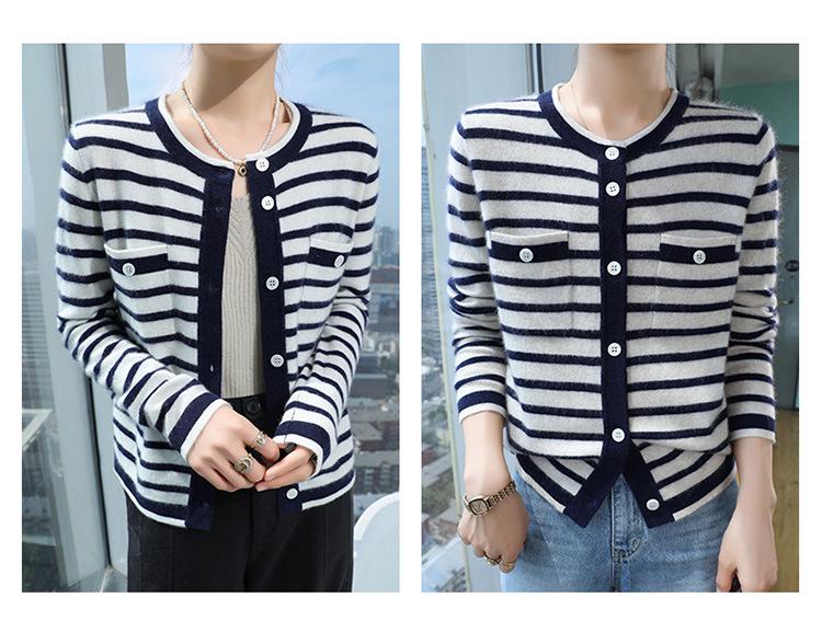 Nanyou Women's Cashmere Striped Round Neck Cardigan - High-End 2024 Early Spring Arrival