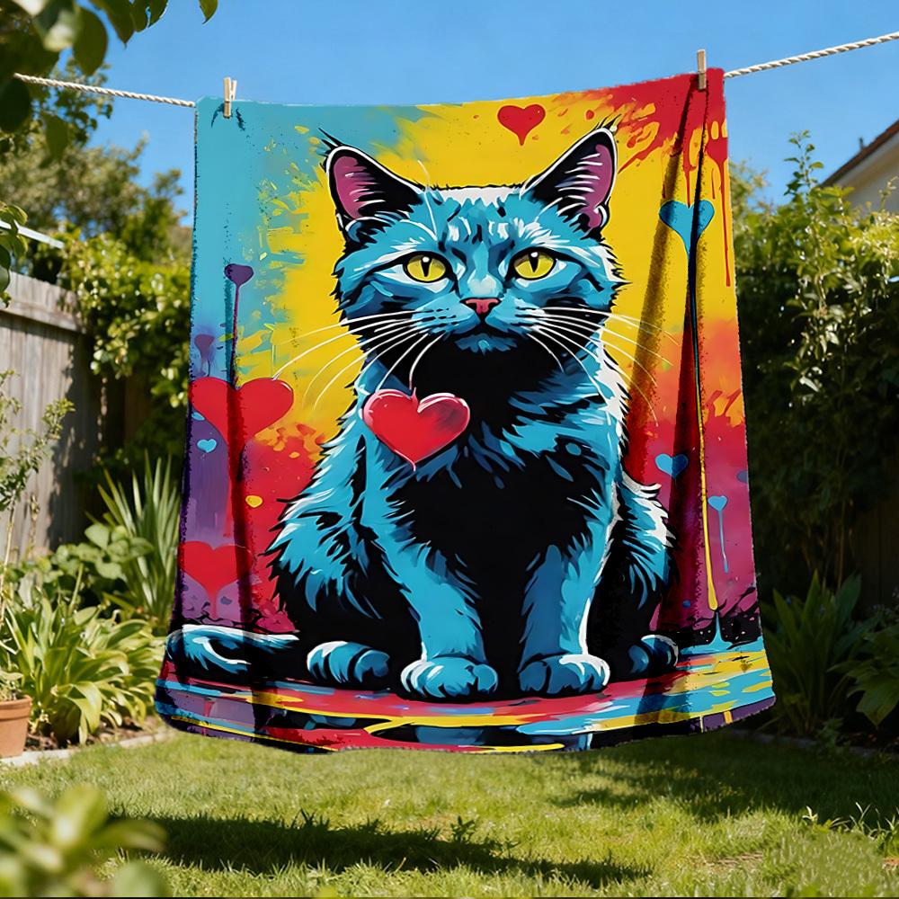 1pc Colorful Cat Outdoor Flannel Blanket Soft All Season Polyester Throw , Perfect for Picnics & Travel , Picnic Accessory