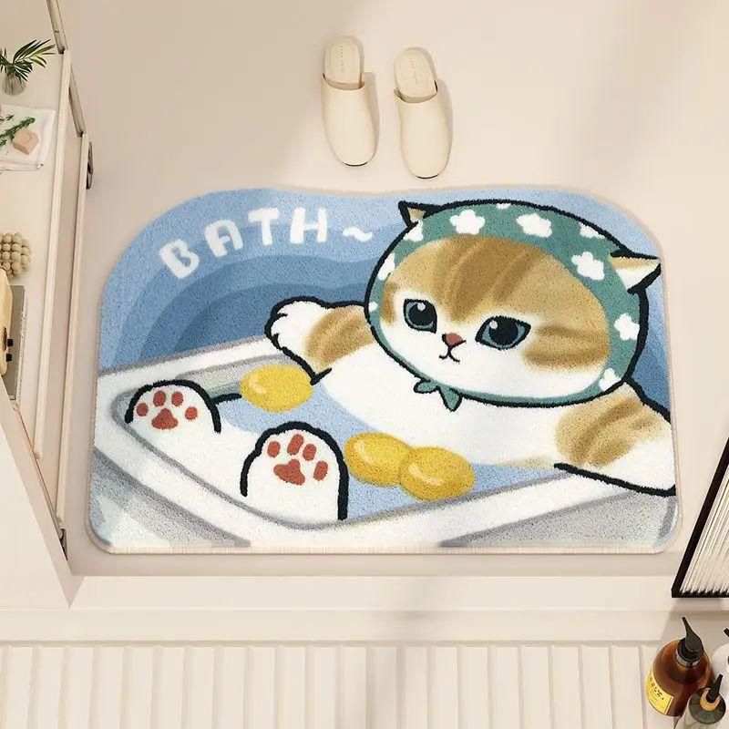 Cute Cat Printed Plush Floor Mat, Absorbent Anti Slip Cartoon Carpet, Entrance Bathroom Bedroom Home Decoration
