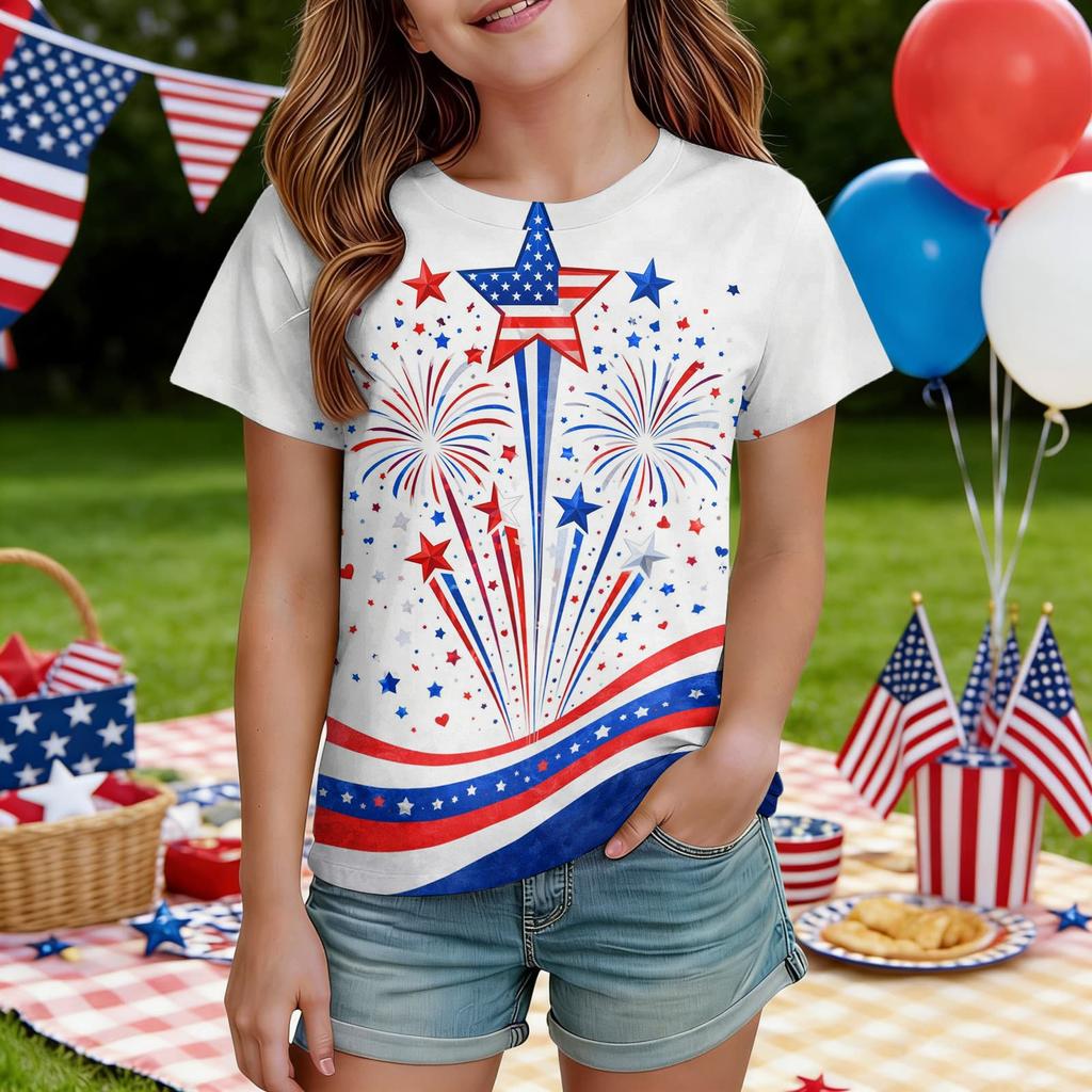 Kids Independence Day Print Round Neck Short Sleeve Casual T-shirt