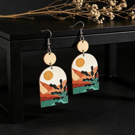 Sunset Spliced Round Wood Earrings