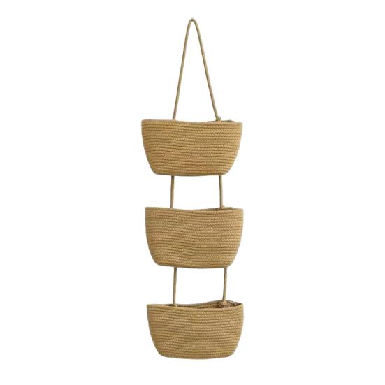 Rope Woven Storage Basket Boho Foldable Washable Hanging Baskets Multi-Tier Wall Mounted Organizer for Kitchen Produce Nursery Decor