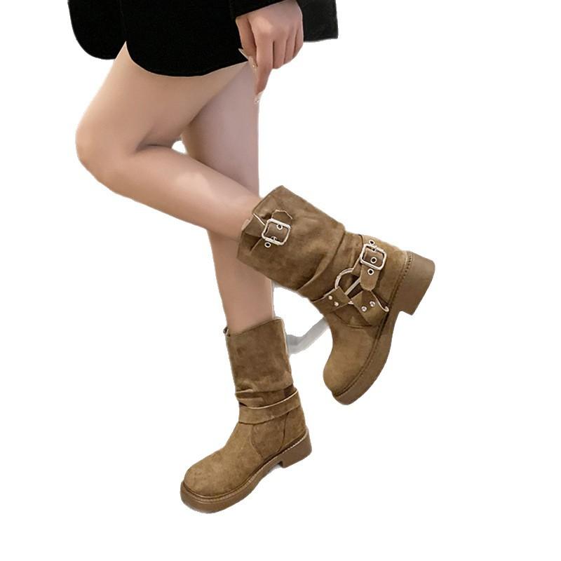 Thick-soled medium tube Martin boots women's 2025 new retro slim pile boots autumn and winter Maillard western cowboy boots