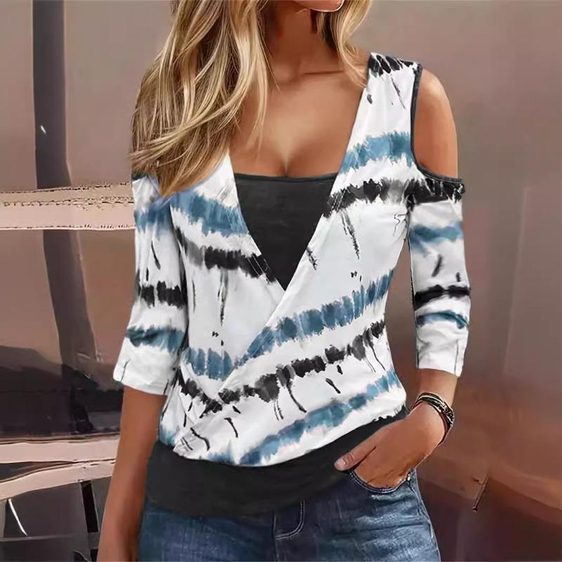 Womens Striped Print Cold Shoulder V Neck Long Sleeve Casual T Shirt S