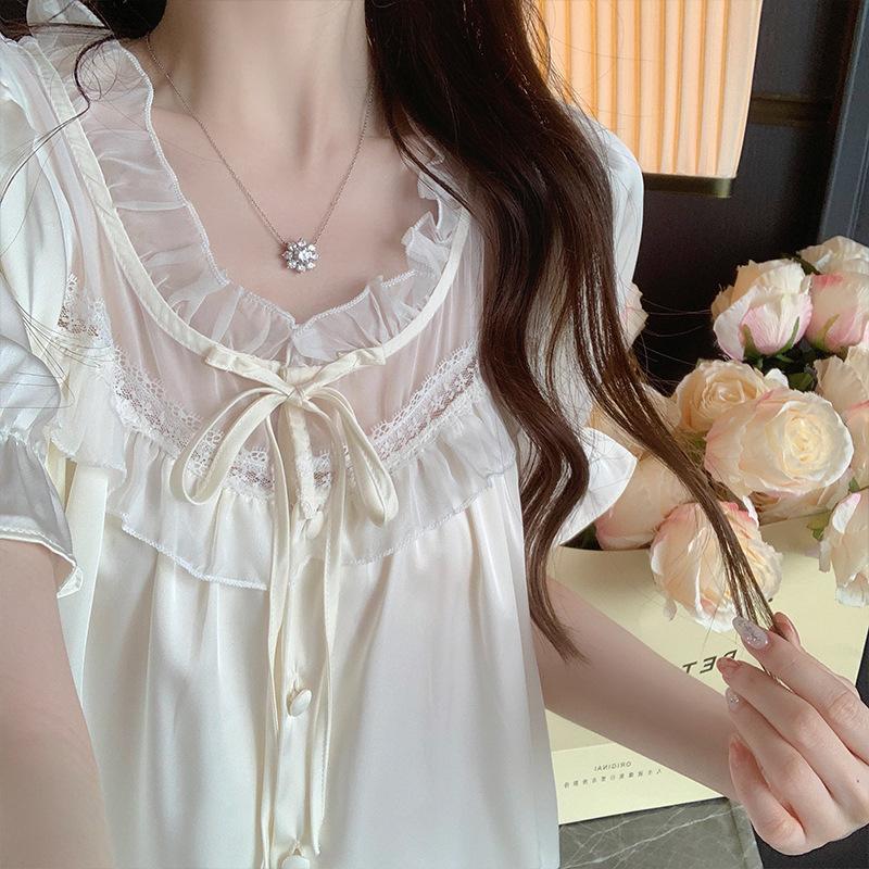 French Court Style Ice Silk Pajamas Women's Summer Sweet High-end Short-sleeved Trousers Set Sweet and Cute Loungewear