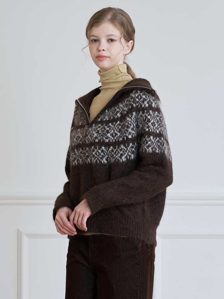 LE STUDIO Half-Zip High-Neck Jacquard Knit_Brown