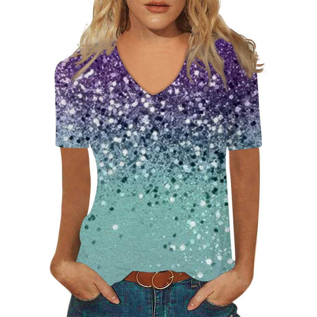 Sommer V-Ausschnitt 3D Abstraktes Retro-Muster Bedrucktes Oberteil Modische Lässige Kurzarm Damen T-Shirts