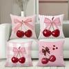 Pink Cherry Pillows With Bows Heart Pattern Polyester Pillowcase, Sofa Decorative Cushion Cov Headboard Pillow