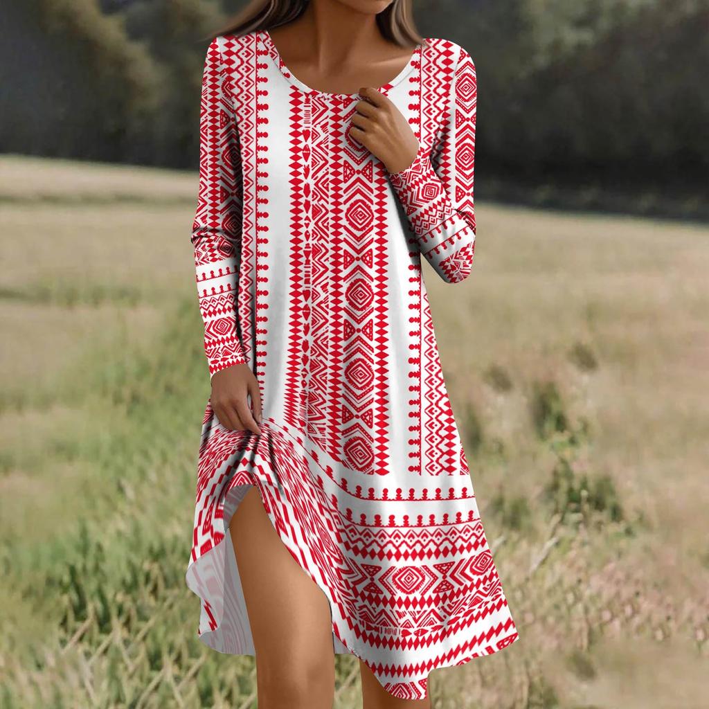 Langärmeliges Kleid für Damen Lässiges Locker sitzendes Druckkleid mit Taschen
