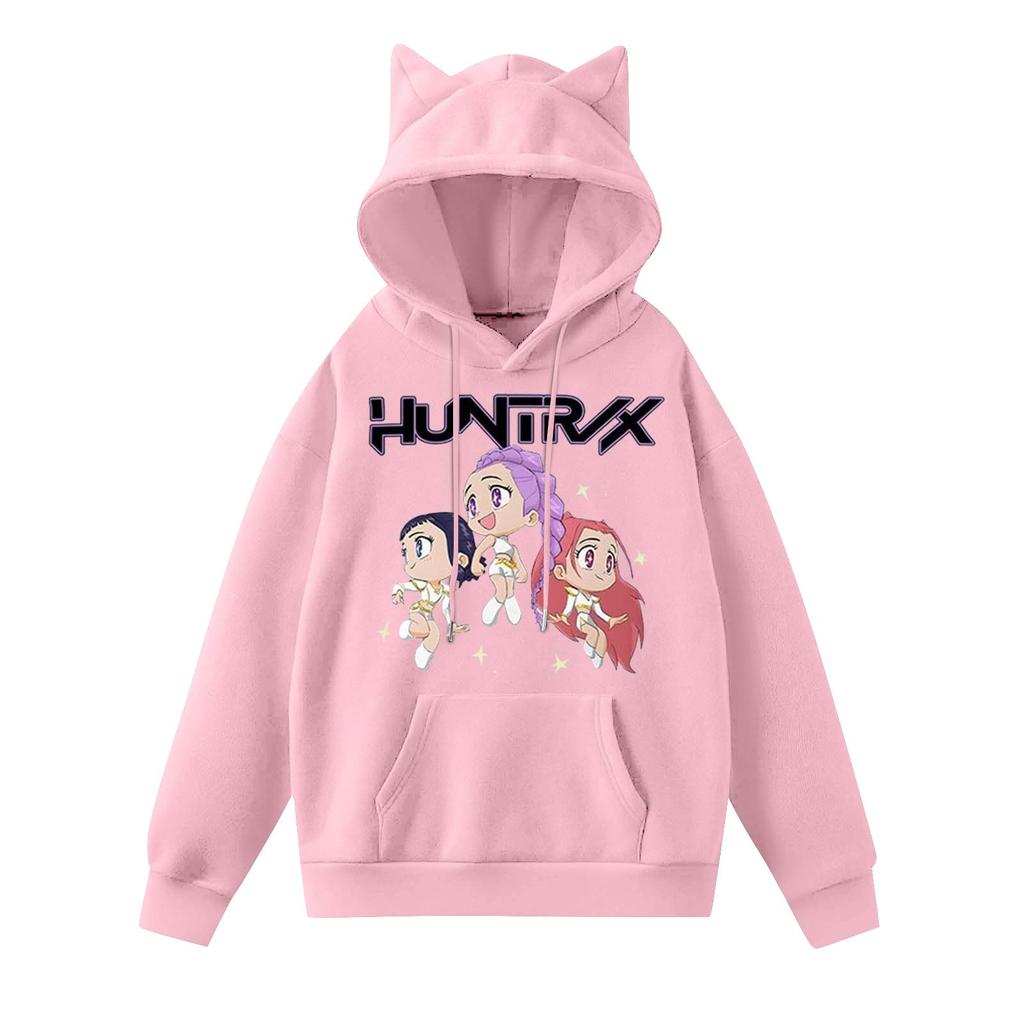 Damemote Casual Langermet trykt Rundhals hettegenser Pullover Topp med lommer