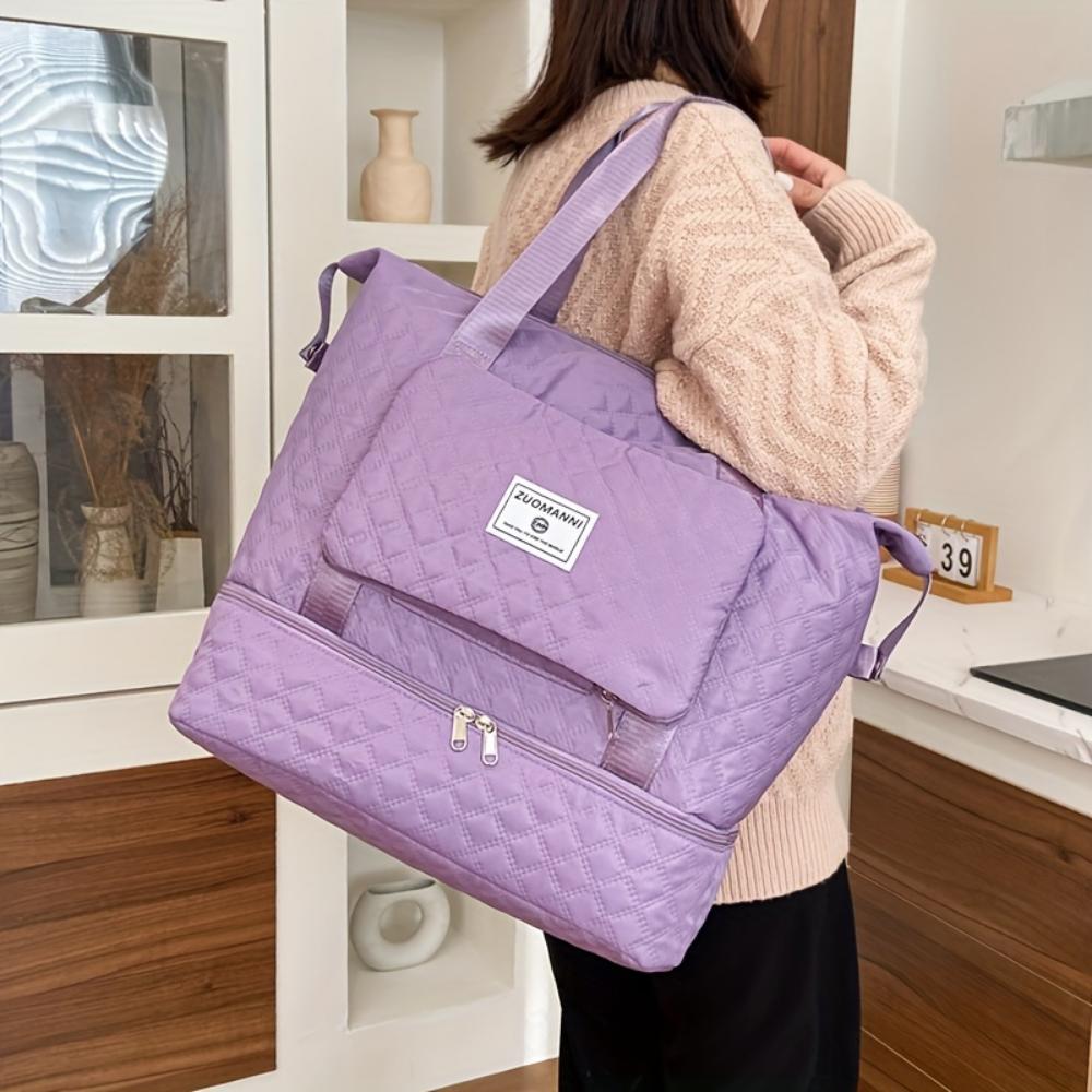 Large Capacity Foldable Travel Bag with Wet/Dry Separation, Diamond Quilted Nylon Tote for Gym, Yoga and Ladies Shoulder Bag - Hand Washable