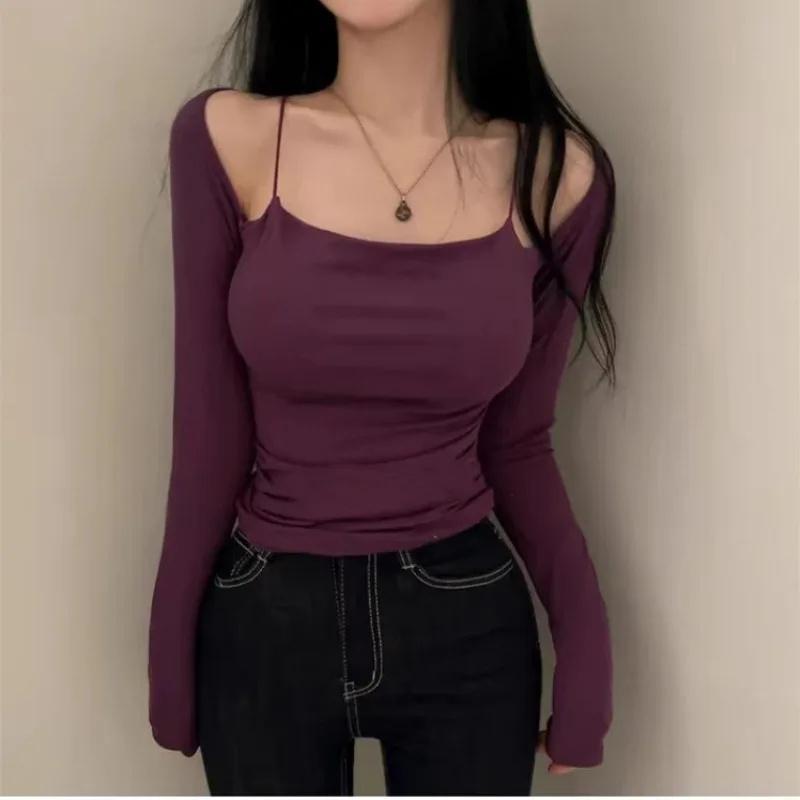 Korea New Style Pure Desire Sexy Off-The-Shoulder Two-Piece Illusionslims Women's Long Sleeve T-Shirt Versatile Smoot