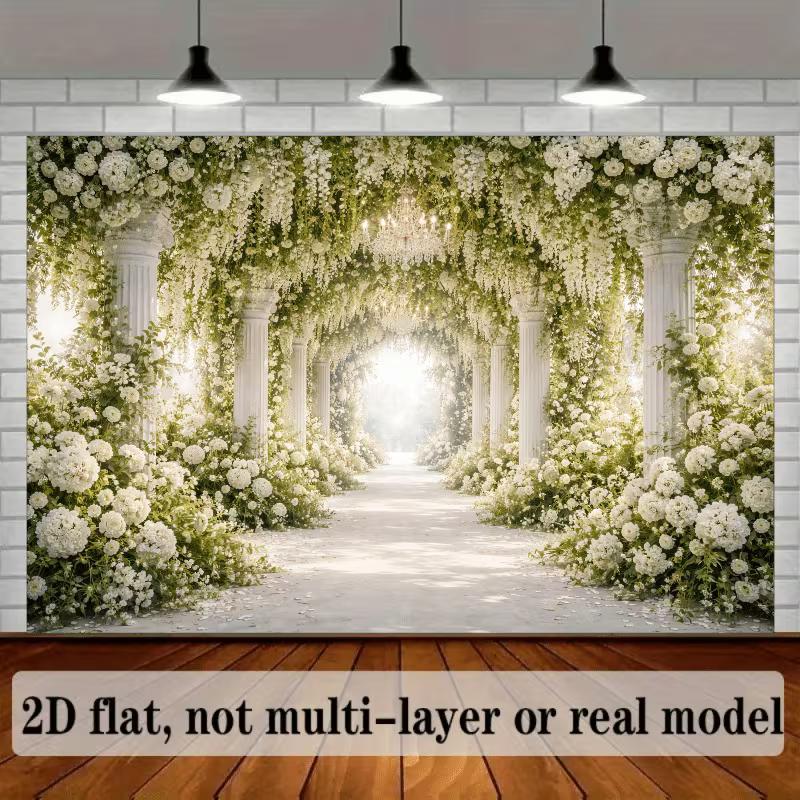 2D White Floral and Column Themed Backdrop Photo Background Banner