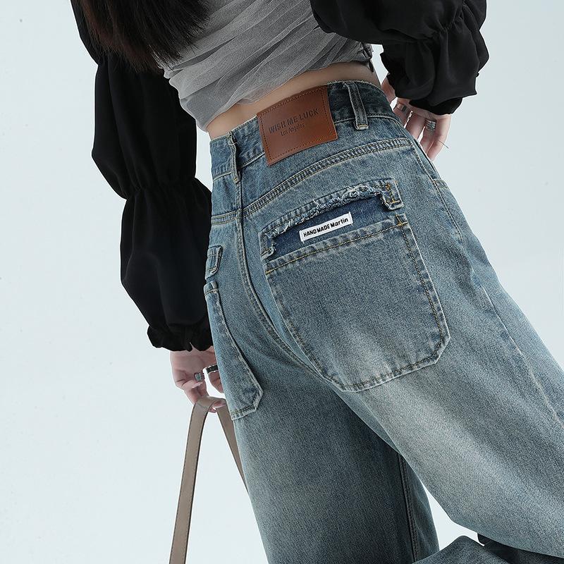 Women's Autumn and Winter Loose High Waist Wide-leg Pants for Women's Autumn and Winter Straight-leg Fur Trousers Retro Blue Floor