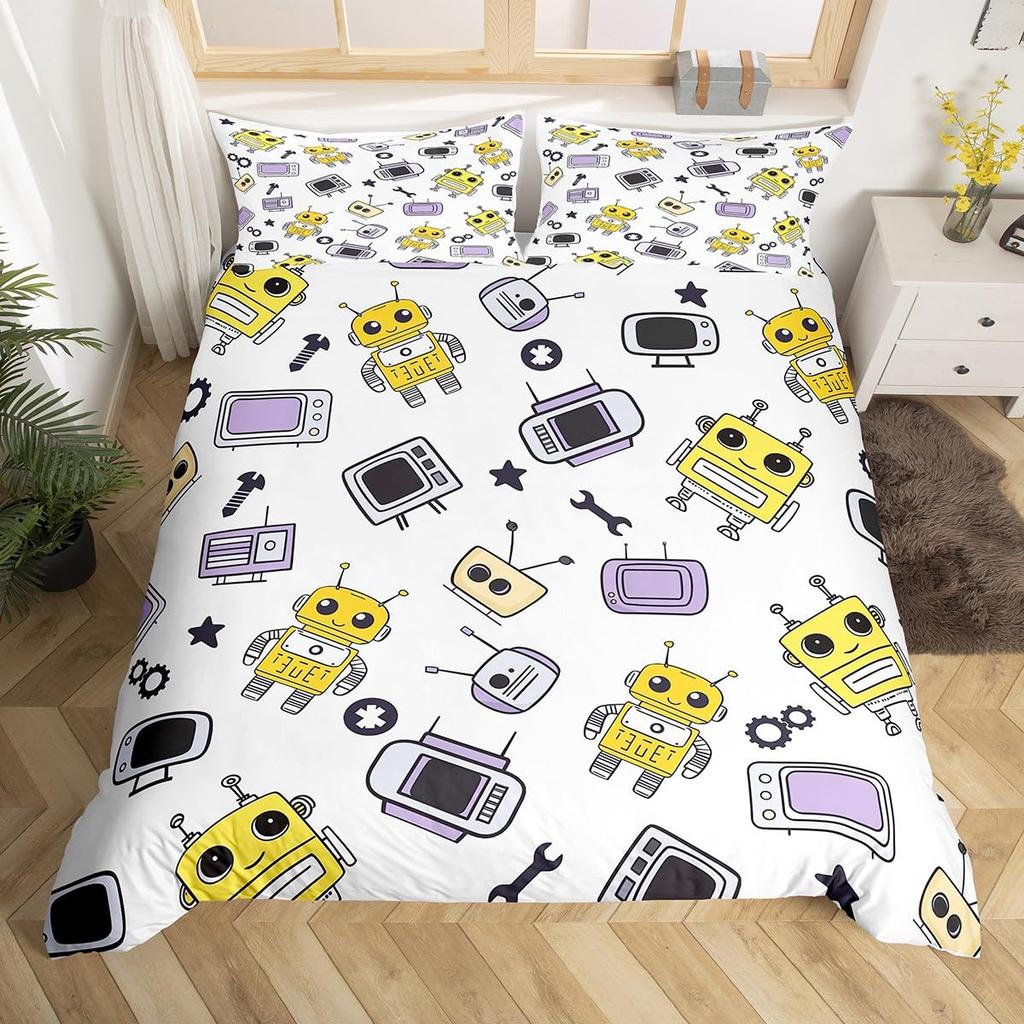 Robot Duvet Cover Sets for Kids Boys Girls Queen Size Lightweight Down Quilt Covers 2 Pillowcases 1 Comforter Cover No Comforter