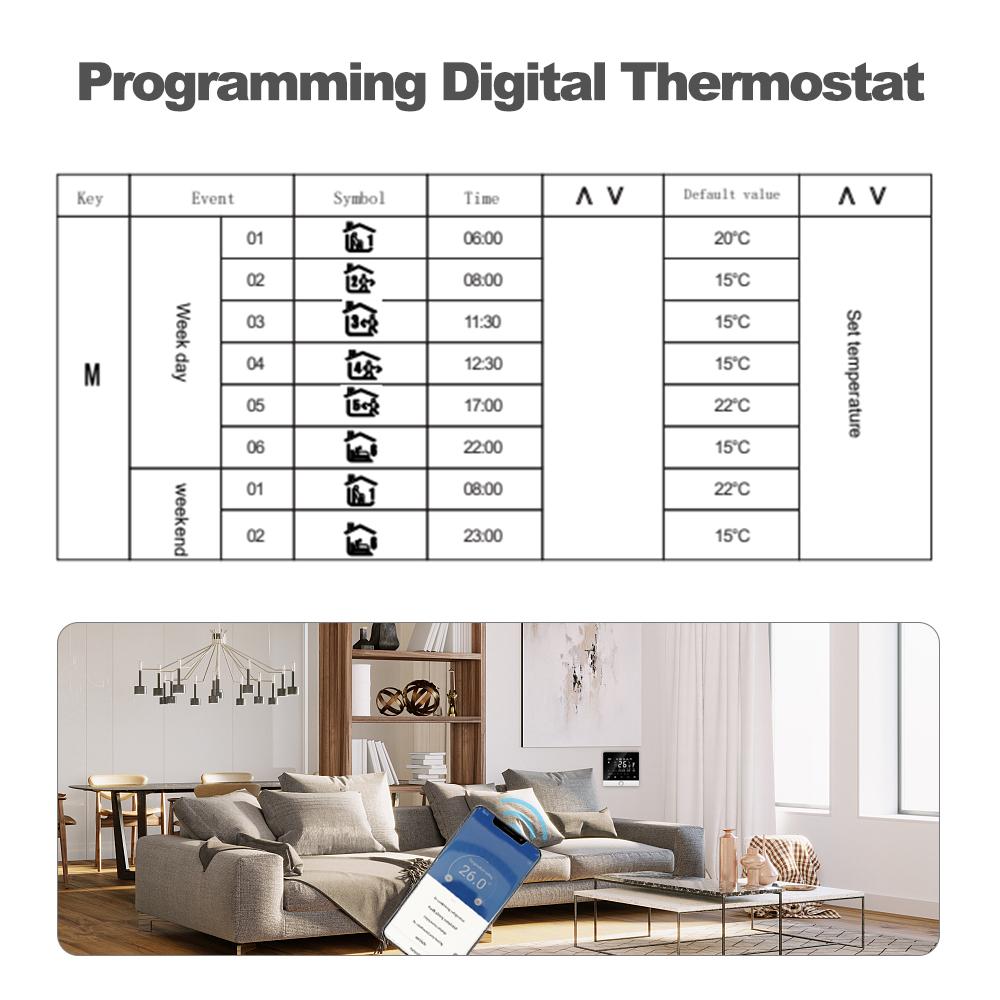 WiFi Smart Thermostat 5+2 Programmable Energy Saving 3A Water Heating Tuya Voice Control Thermostat LCD Display Smart
