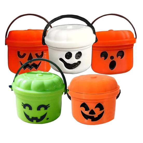 Mini Halloween Candy Bucket Spooky Ghost Pumpkin Candy Bucket Plastic Candy Bowls with Lid And Handle for Trick or Treat Halloween Party Favors