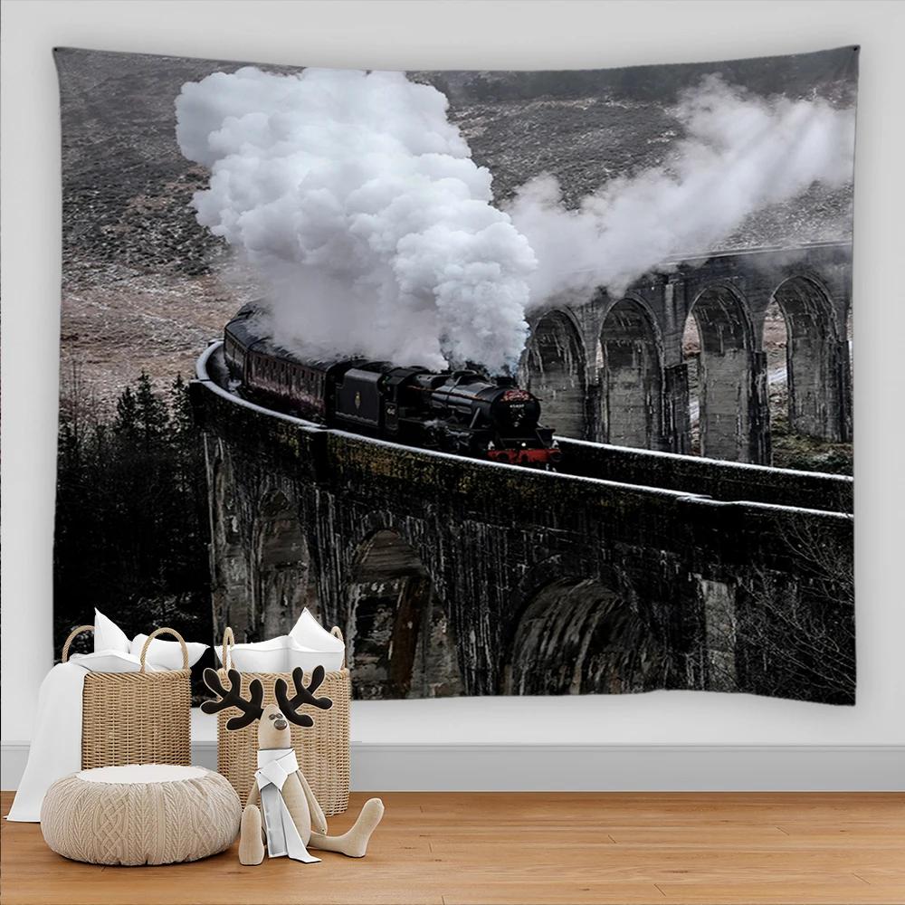 Nature Forest Snow Scene Tapestry Train Pattern Aesthetic Room Decor Carpet Living Room Wall Hanging Home Dorm Bedroom Decor