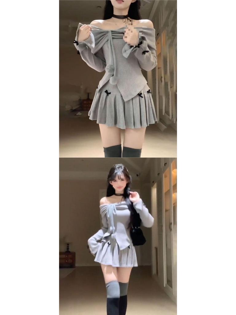 Korean-Style Petite Women's Spring Outfit: Off-Shoulder Top & Pleated Mini Skirt Set