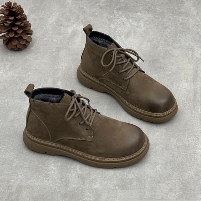 Retro Übergröße Kurze Stiefel Handgefertigt Echtes Leder Schnürung Plüsch Warm Weich Rindsleder Damenschuhe