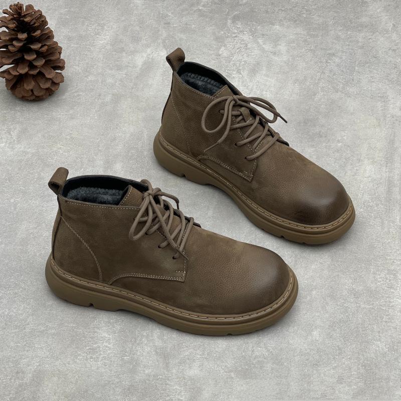 

Johnature Ретро Великий Розмір Короткі Чоботи Ручної Роботи Натуральна Шкіра На Шнурівці Плюшеві Теплі М які Коров яча Шкіра Жіноче Взуття 38 сірий колір