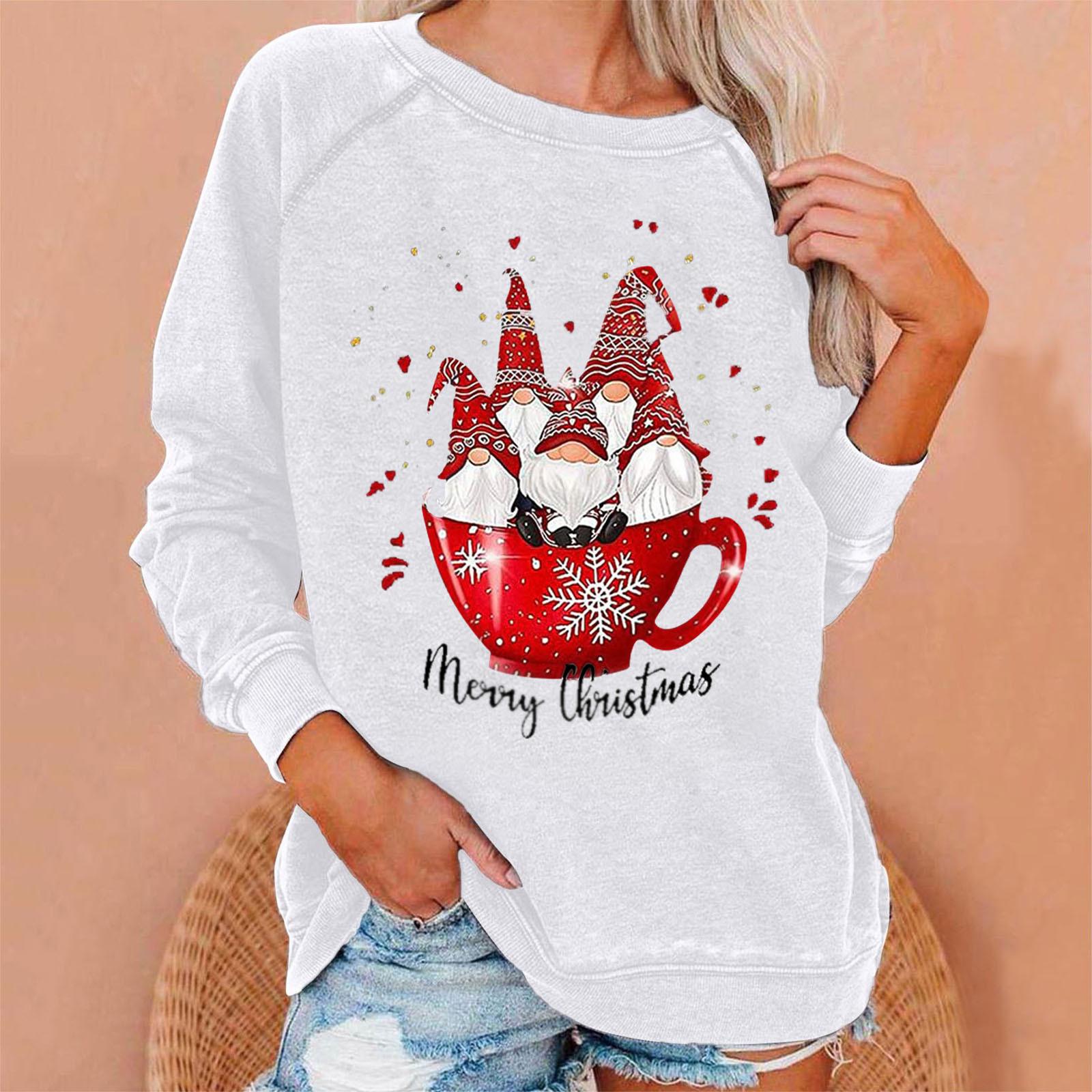

Модний жіночий повсякденний топ з різдвяним принтом і довгими рукавами з круглим вирізом XXL білий