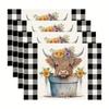 4/6 Stück Florale Hochlandkuh Leinen-Tischset - 18x12 Zoll, Maschinenwaschbar und Hitzebeständig, Perfekt für den Küchentisch